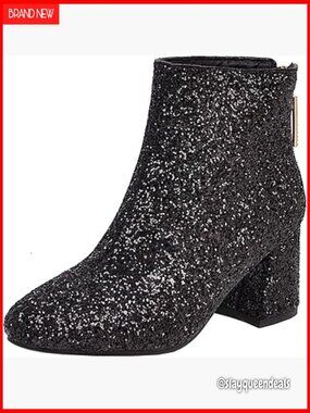 Glitter Ankle Boots Chunky Heel Back Zipper Sparkly Wedding Party Shoes